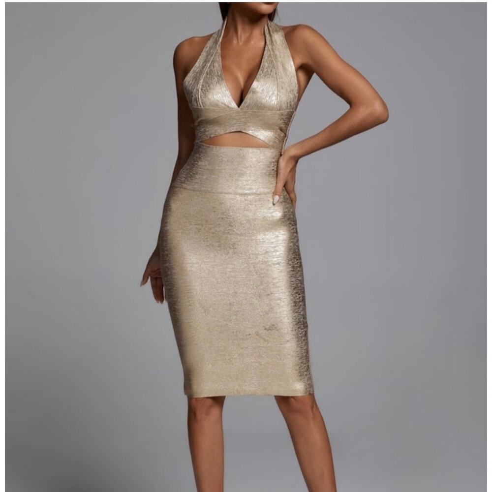 Athina Metallic Gold Two-Piece Halter Top & Midi Skirt Set SZ L